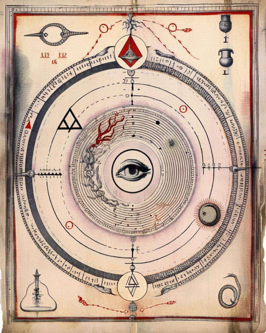 The alchemical page displays an intricate ouroboros design, symbolizing the cyclical nature of existence and echoing the Gnostic concept of eternal return and spiritual evolution:1.5, alchemical page:1.2, intricate ouroboros design:1.2, cyclical nature of existence:1.1, Gnostic concept:1.1, eternal return:1.1, spiritual evolution:1.1. , alchemy:2<lora:Alchemy_sdxl:1.0>