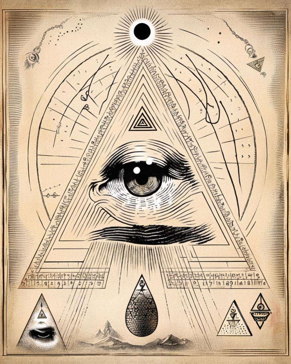 An enigmatic triangle encapsulates an eye within, inviting contemplation of the mystic significance of the all-seeing eye:1.4, enigmatic triangle:1.2, encapsulates eye:1.2, mystic significance:1.1, all-seeing eye:1.1. , alchemy:2<lora:Alchemy_sdxl:1.0>