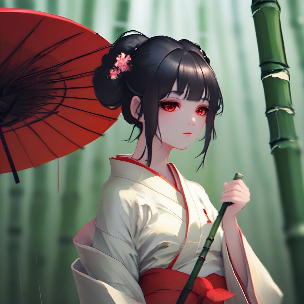 1girl, solo, umbrella, holding, oil-paper umbrella, black hair, holding umbrella, bamboo, bamboo forest, red eyes, bangs, hair ornament, rain, blurry, wide sleeves, outdoors, long sleeves, red lips, japanese clothes, red umbrella, flower, depth of field, upper body, closed mouth, kimono, hair flower, hair bun, white kimono, from side, makeup, single hair bun, blurry background, nature, <lora:画风-000009:1>