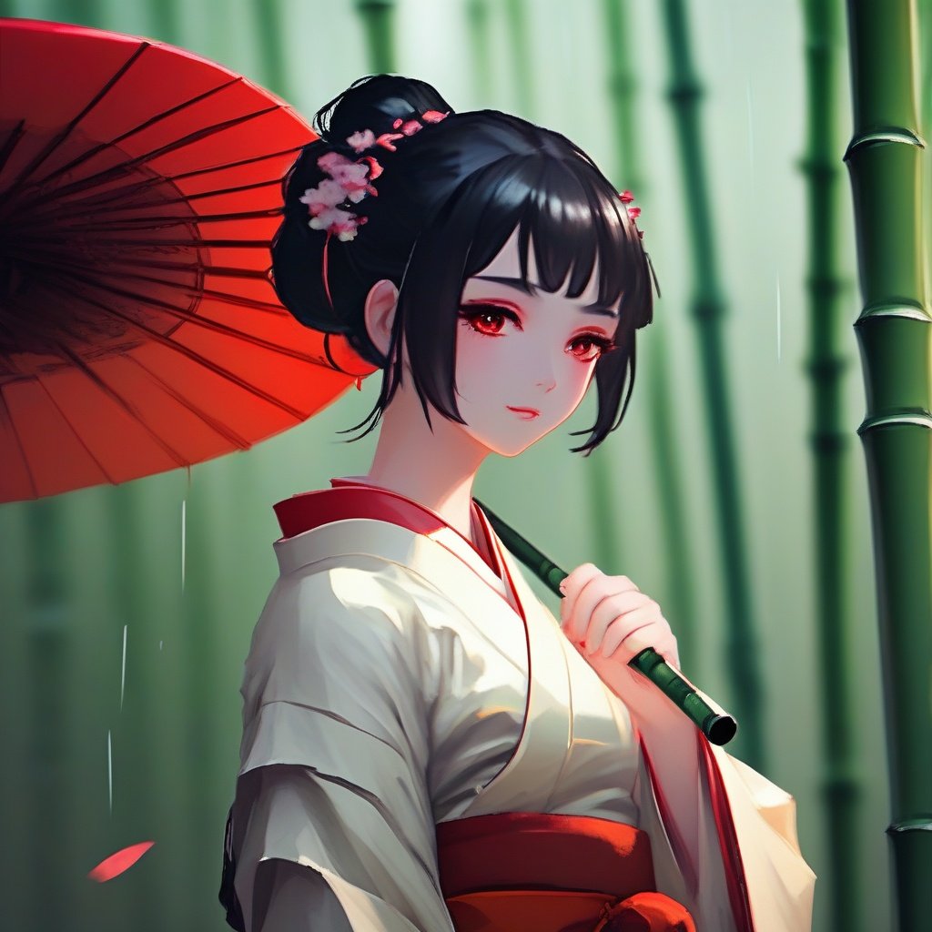 1girl, solo, umbrella, holding, oil-paper umbrella, black hair, holding umbrella, bamboo, bamboo forest, red eyes, bangs, hair ornament, rain, blurry, wide sleeves, outdoors, long sleeves, red lips, japanese clothes, red umbrella, flower, depth of field, upper body, closed mouth, kimono, hair flower, hair bun, white kimono, from side, makeup, single hair bun, blurry background, nature, <lora:画风-000008:0.9>