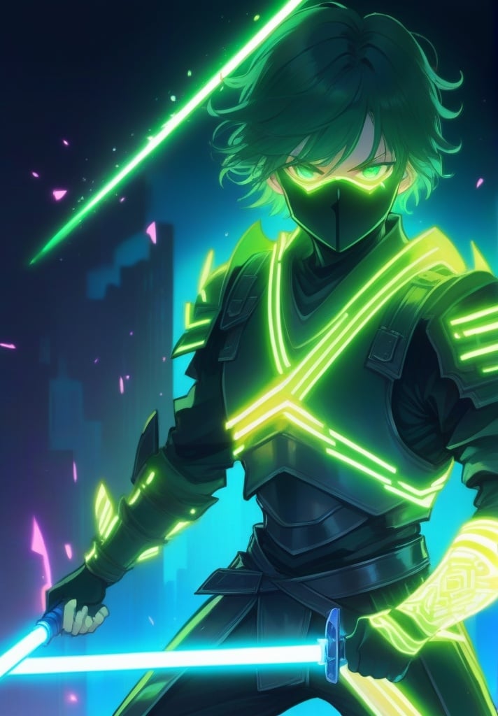 1boy, armor, energy sword, glowing, glowing sword, glowing weapon, holding, lightsaber, loincloth, male focus, neon style, solo, sword, weapon<lora:sdxl_neonneon-000002:0.8>