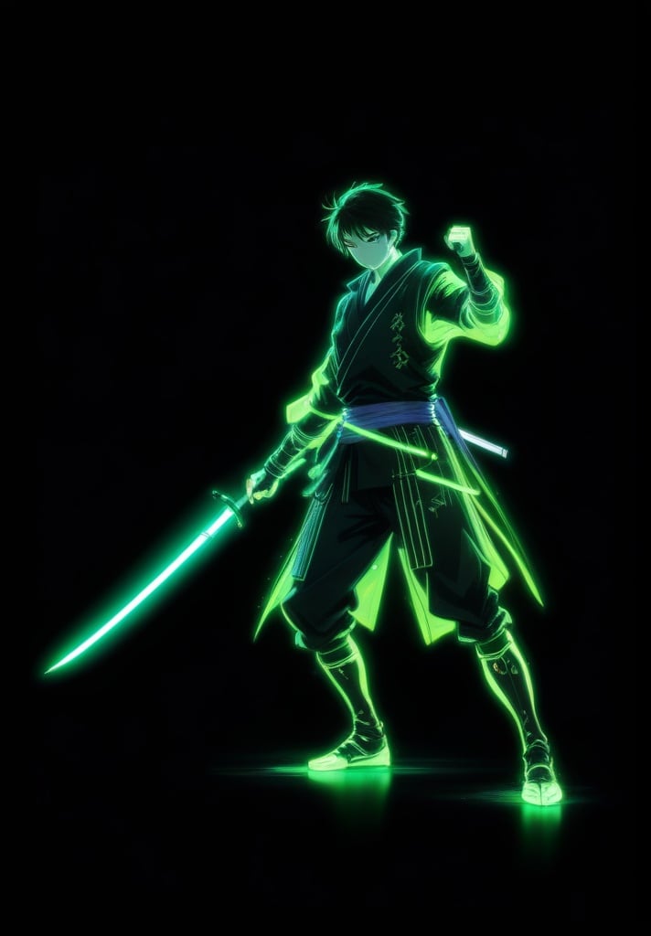 1boy, black background, fighting stance, full body, glowing, holding, holding sword, holding weapon, katana, male focus, monochrome, neon style, simple background, solo, standing, sword, weapon<lora:sdxl_neonneon-000002:0.8>