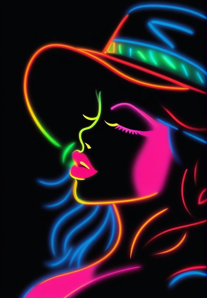 1girl, black background, closed eyes, glowing, hat, lipstick, makeup, neon style, profile, simple background, solo<lora:sdxl_neonneon-000002:0.65>