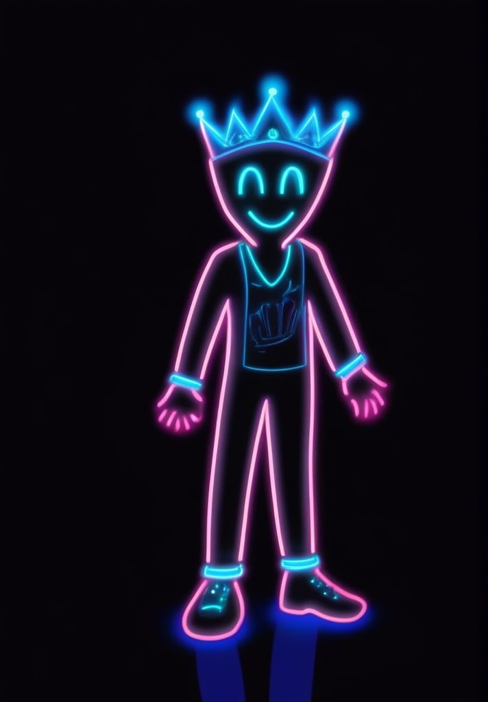 black background, blue eyes, crown, full body, glowing, looking at viewer, neon style, no humans, simple background, smile, solo, standing<lora:sdxl_neonneon-000002:0.65>