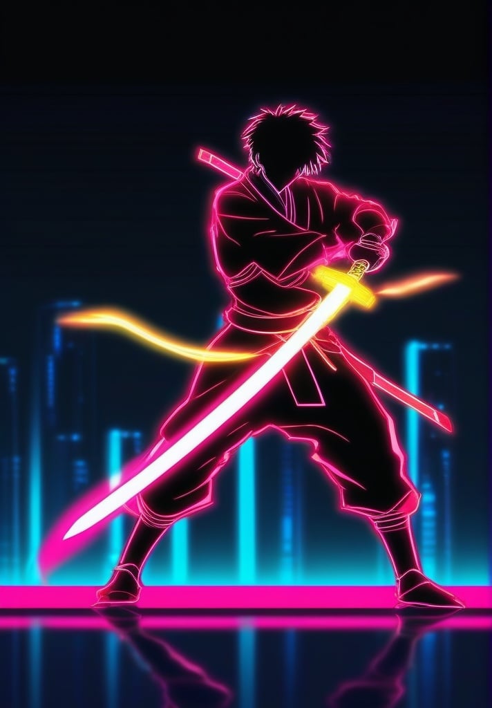 1boy, black background, fighting stance, full body holding, holding sword, holding weapon, katana, male focus, neon style, simple background, solo, standing, sword, weapon<lora:sdxl_neonneon-000002:0.65>