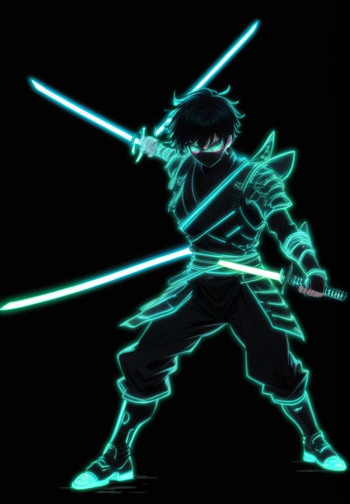 1boy, black background, fighting stance, full body, glowing, holding, holding sword, holding weapon, katana, male focus, monochrome, neon style, solo, standing, sword, weapon<lora:sdxl_neonneon-000002:0.8>