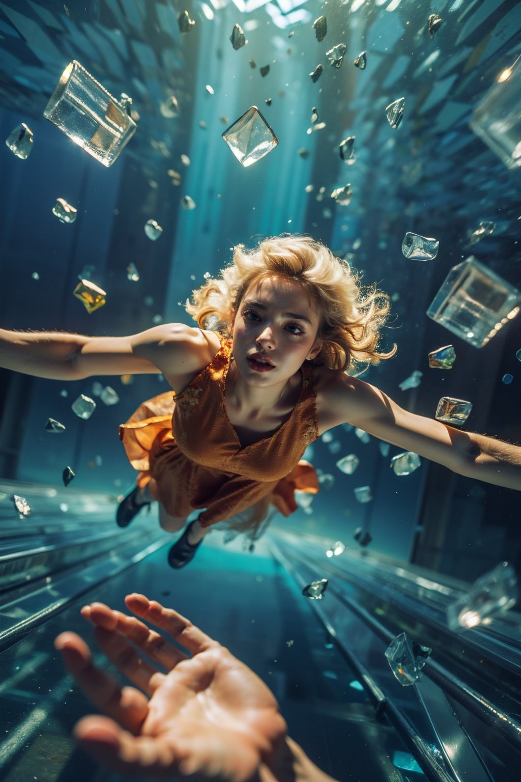 Best quality,masterpiece,ultra high res,(photorealistic:1.4),dutch angle,zhui,1girl,solo,dress,shoes,lips,falling,glass,broken glass,male perspective,light blonde,underwater,film light,<lora:极光V2:0.8>