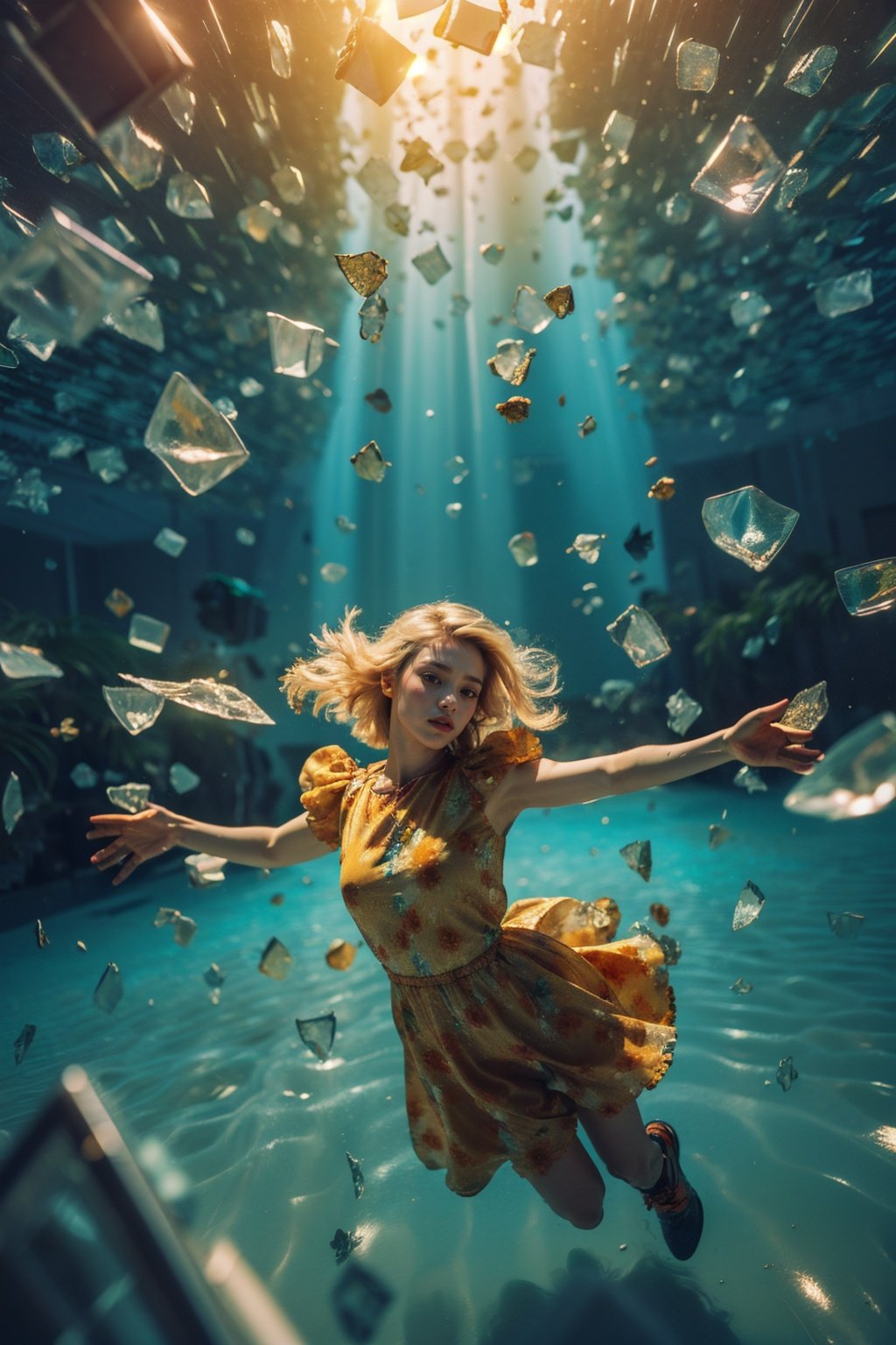 Best quality,masterpiece,ultra high res,(photorealistic:1.4),dutch angle,zhui,1girl,solo,dress,shoes,lips,falling,glass,broken glass,male perspective,light blonde,underwater,film light,<lora:极光V2:0.8>