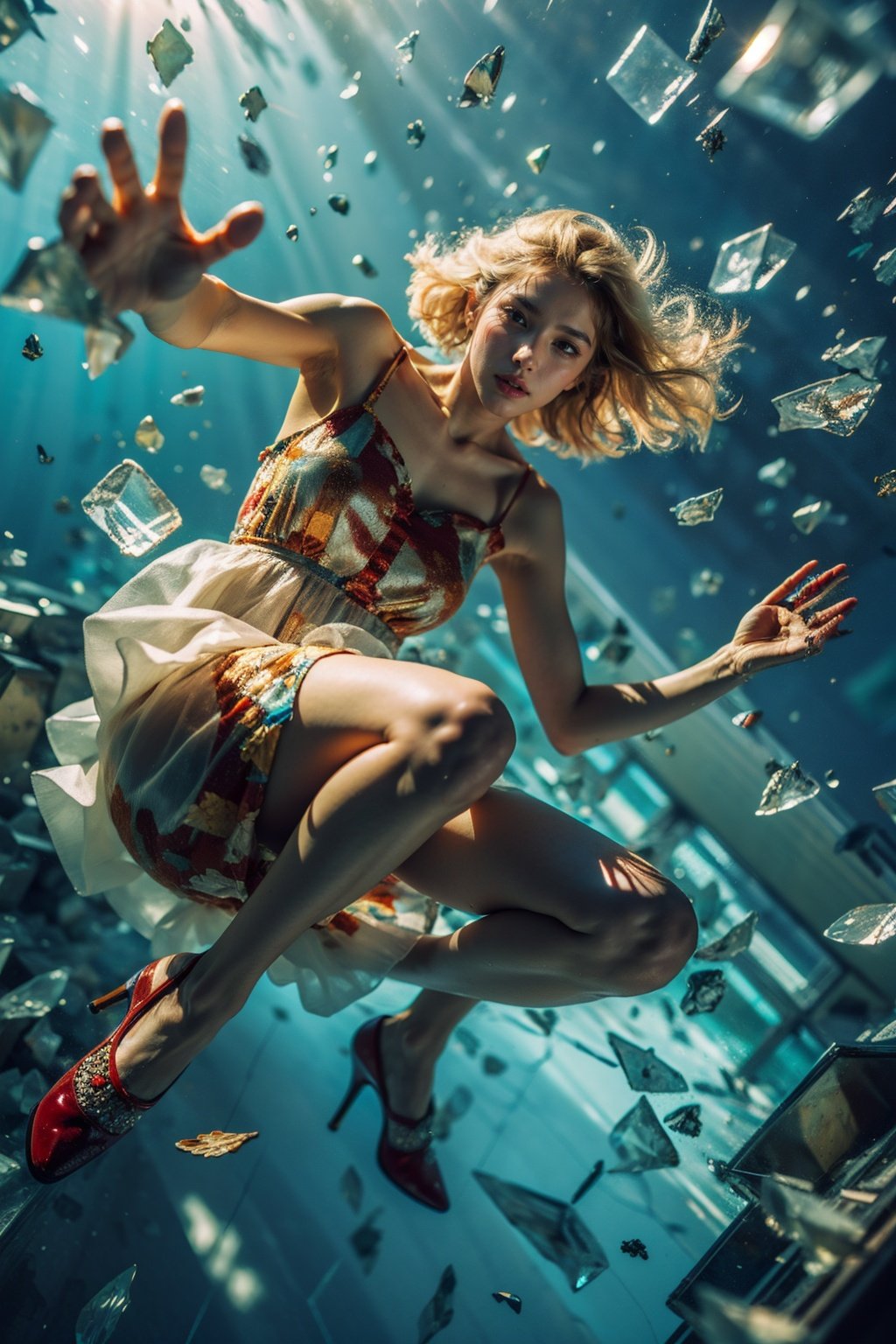 Best quality,masterpiece,ultra high res,(photorealistic:1.4),dutch angle,zhui,1girl,solo,dress,shoes,lips,falling,glass,broken glass,male perspective,light blonde,underwater,film light,<lora:极光V2:0.8>