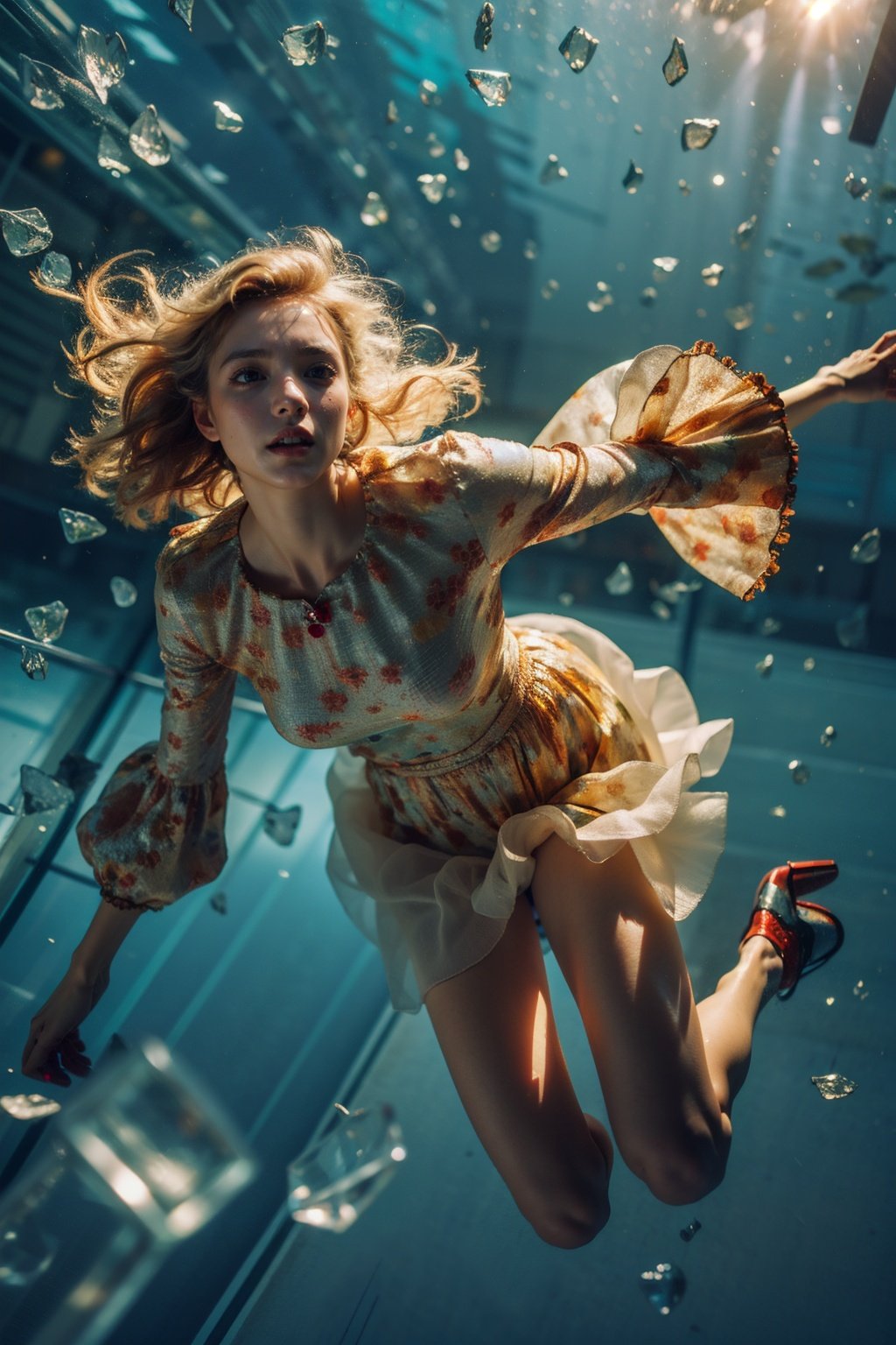 Best quality,masterpiece,ultra high res,(photorealistic:1.4),dutch angle,zhui,1girl,solo,dress,shoes,lips,falling,glass,broken glass,male perspective,light blonde,underwater,film light,<lora:极光V2:0.8>