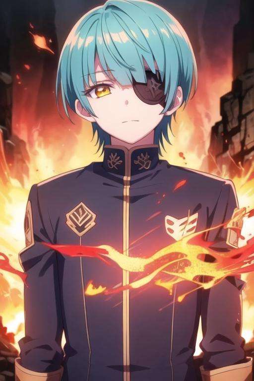 masterpiece, best quality, game cg, 1boy, solo, male focus, looking at viewer, upper body, depth of field, <lora:yuuto_ijika:0.70>, yuuto_ijika, yellow eyes, aqua hair, eyepatch, , The Mountain of Fire,