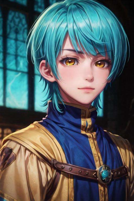 masterpiece, best quality, , 1boy, solo, male focus, looking at viewer, upper body, depth of field, <lora:yuuto_ijika:0.66>, yuuto_ijika, yellow eyes, aqua hair, , decade costume, medieval europe, HD-DVD