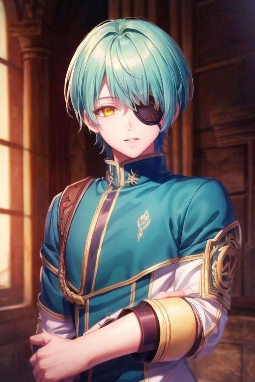 masterpiece, best quality, game cg, 1boy, solo, male focus, looking at viewer, upper body, , <lora:yuuto_ijika:0.70>, yuuto_ijika, yellow eyes, aqua hair, eyepatch, , ancient greece, 12k resolution