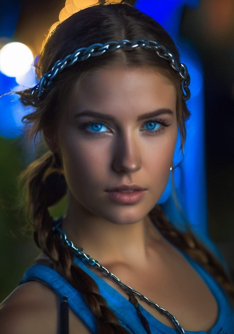 A half body, portrait of an Australian 21-year-old woman, captured in a solo shot, featuring a braid, blue eyes, small breasts, a naval, cropped legs, shackles, and a chain, with a leash restraining her, in a fantasy-themed scene, hyperdetailed HDR photography, taken at night and highlighting intricate details of her skin