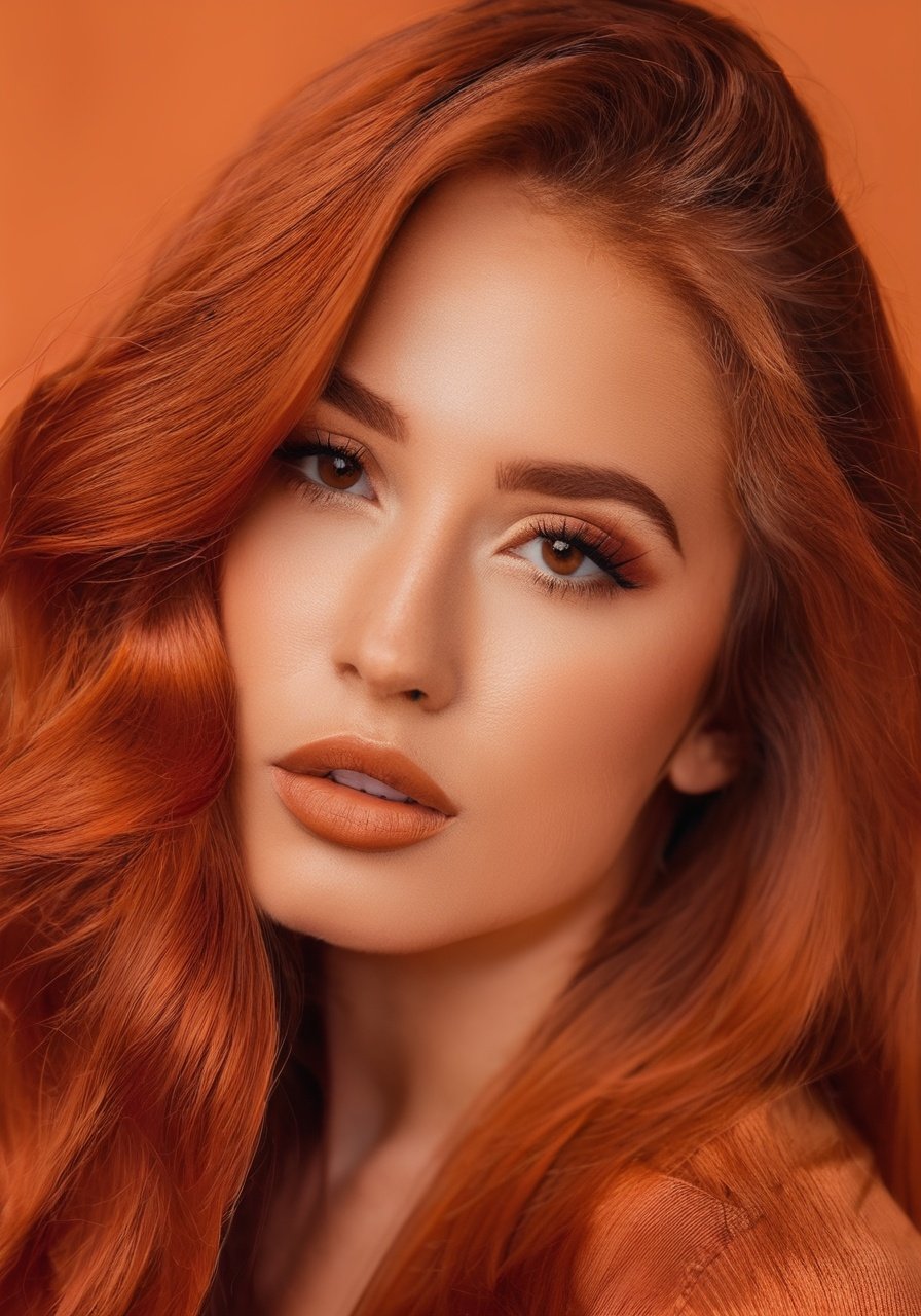 unsplash, photo, a woman with long hair posing for a picture,a beautiful woman with long, red hair, 1girl, solo, long_hair, looking_at_viewer, simple_background, brown_eyes, closed_mouth, lips, portrait, realistic, nose, orange_background