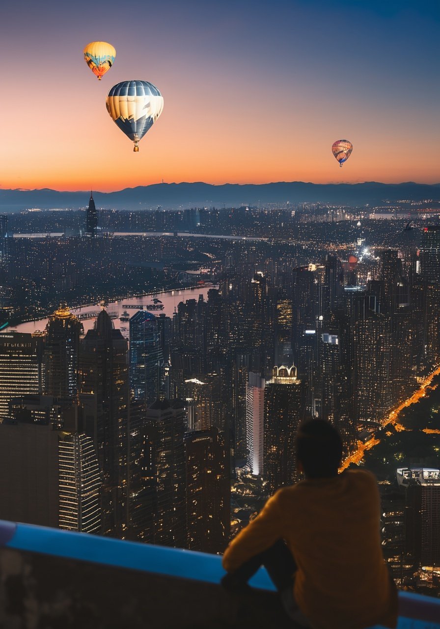 Photo of a city skyline at dusk, where the foreground portrays a sleepless individual sitting on a rooftop edge, gazing at the stars above. The background blends realistic skyscrapers with soaring hot air balloons