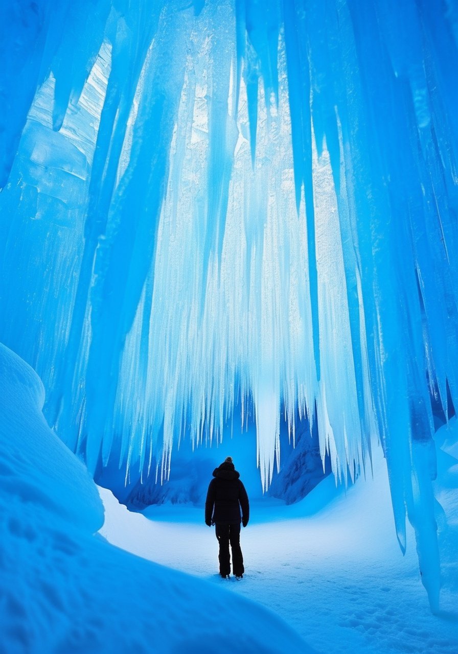 icy wonderland that defies gravity, with sparkling ice formations suspended mid-air. Amongst the frozen landscape, a restless person drifts on a magical ice bed, surrounded by fluttering snowflakes and shimmering icicles