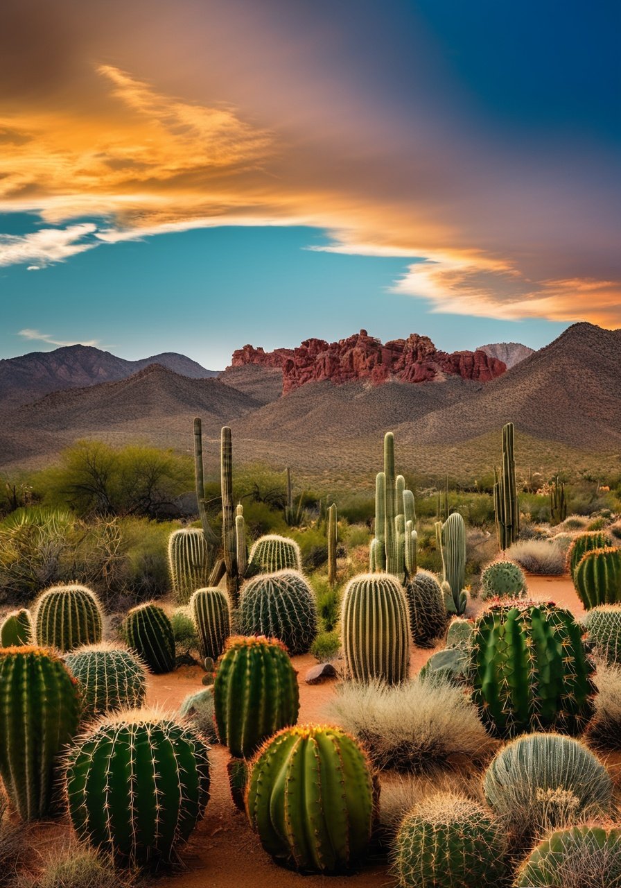 seemingly endless desert landscape under a mesmerizing sky, In this surreal scene, cacti, houses float in mid-air