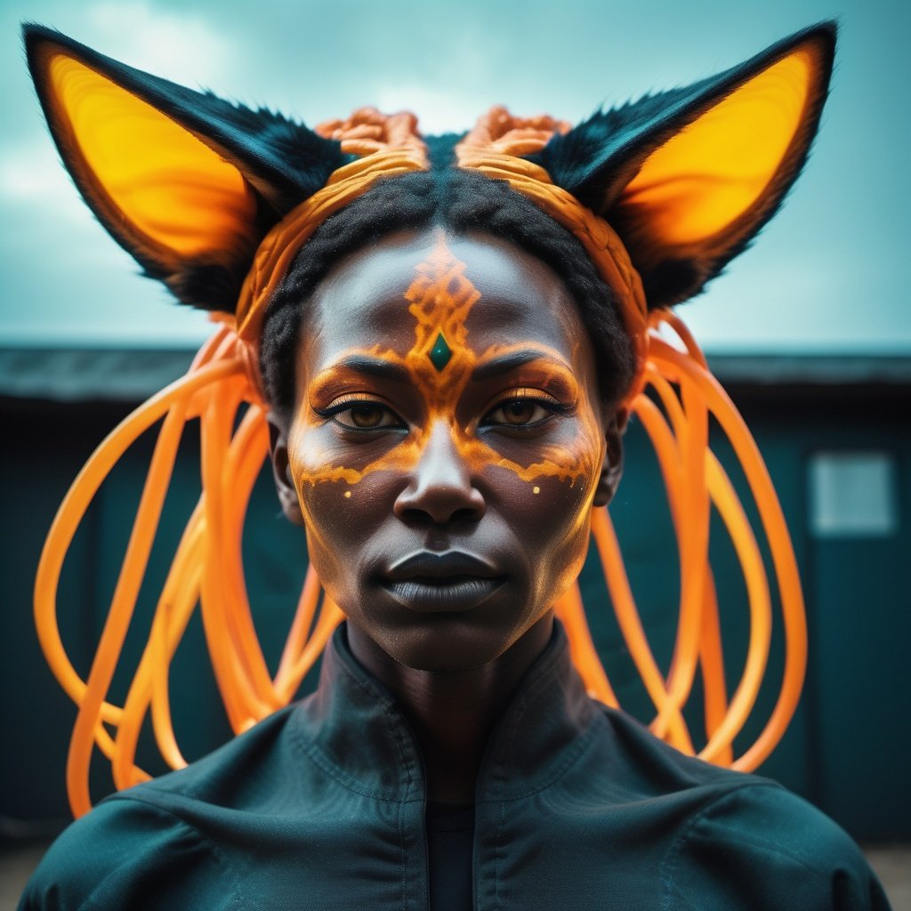 aw0k magnstyle, (best quality) , (masterpiece) , Duckcore, Biochemical Fiery midweight Sudanese woman as Croatian Alien, Cat Ears, Full Beard, Shameless, F/2.8, Kinemacolor, 