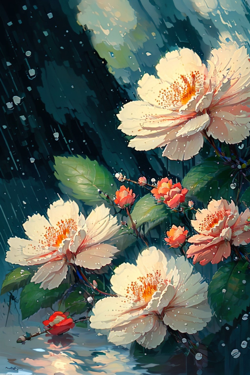 <lora:EpicArt-000008:0.8>, EpicArt, flower, water, no_humans, leaf, white_flower, red_flower, scenery, rain, water_drop, still_life, 