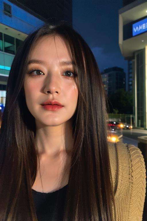 ujifilm XT3, 8k,close up photo, masterpiece, best quality, (((1girl))), solo,realistic, ((looking at viewer)), photorealistic, (extremely detailed face), looking at viewer, ((ultra-detailed eyes and pupils)), ultra detailed, serious expression, ((standing city street at night)), weater, (arms behind back), <lora:shuhualorashy:1>