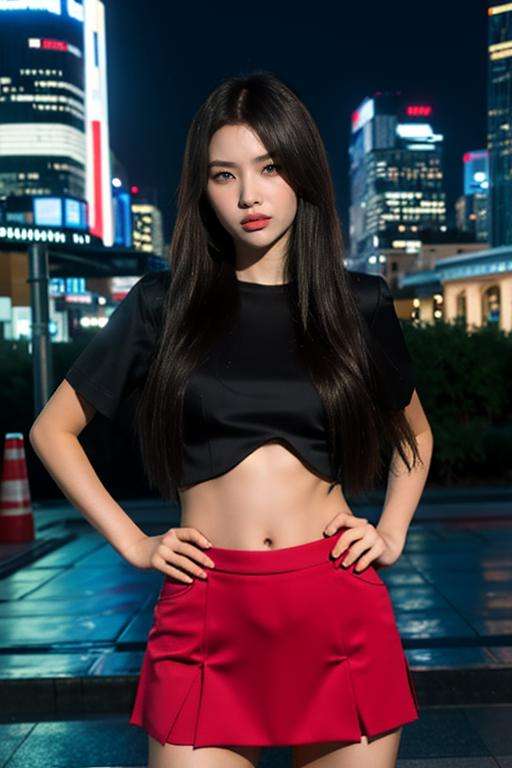 Fujifilm XT3, 8k,close up photo, masterpiece, best quality, (((1girl))), solo,realistic, ((looking at viewer)), photorealistic, (extremely detailed face), looking at viewer, ultra-detailed eyes and pupils, ultra detailed, serious expression, ((standing against a city skyline at night)), cropped top,shirts, Suit skirt, ((navel)), hands on hip, <lora:soyeonlorashy:1>