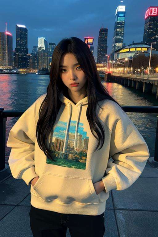 Fujifilm XT3, 8k,close up photo, masterpiece, best quality, (((1girl))), solo,realistic, ((looking at viewer)), photorealistic, (extremely detailed face), looking at viewer, ultra-detailed eyes and pupils, ultra detailed, serious expression, ((standing against a city skyline at night)), hoodies, hands on hip, <lora:soyeonlorashy:1>