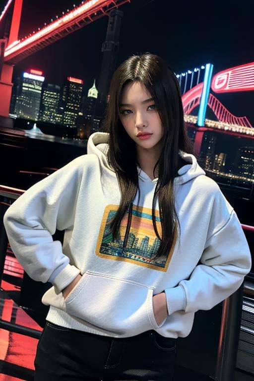 Fujifilm XT3, 8k,close up photo, masterpiece, best quality, (((1girl))), solo,realistic, ((looking at viewer)), photorealistic, (extremely detailed face), looking at viewer, ultra-detailed eyes and pupils, ultra detailed, serious expression, ((standing against a city skyline at night)), hoodies, hands on hip, <lora:soyeonlorashy:1>