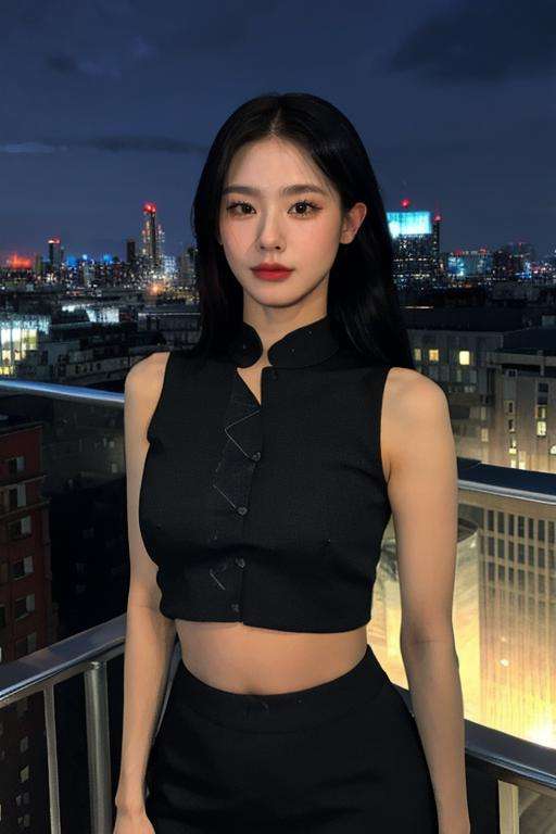 Fujifilm XT3, 8k,close up photo, masterpiece, best quality, (((1girl))), solo,realistic, ((looking at viewer)), photorealistic, (extremely detailed face), looking at viewer, ((ultra-detailed eyes and pupils)), ultra detailed, serious expression, cropped top,shirts, (standing against a city skyline at night), (rooftop), Suit skirt, ((navel)), arms behind back,<lora:miyeonlorashy:1>