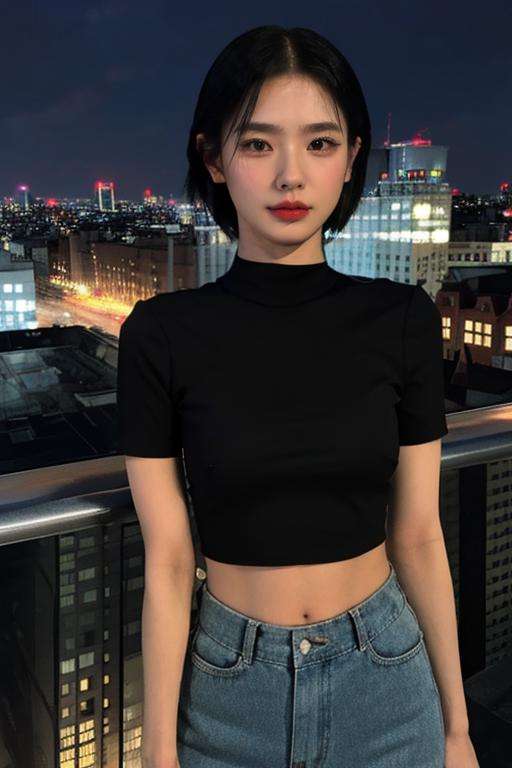 Fujifilm XT3, 8k,close up photo, masterpiece, best quality, (((1girl))), solo,realistic, ((looking at viewer)), photorealistic, (extremely detailed face), looking at viewer, ((ultra-detailed eyes and pupils)), ultra detailed, serious expression, cropped top,shirts, (standing against a city skyline at night), (rooftop), Suit skirt, ((navel)), short hair, arms behind back,<lora:miyeonlorashy:1>