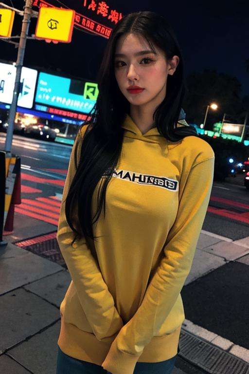 ujifilm XT3, 8k,close up photo, masterpiece, best quality, (((1girl))), solo,realistic, ((looking at viewer)), photorealistic, (extremely detailed face), looking at viewer, ((ultra-detailed eyes and pupils)), ultra detailed, serious expression, ((standing city street at night)), hoodie, long sleeves, (arms behind back), <lora:miyeonlorashy:1>