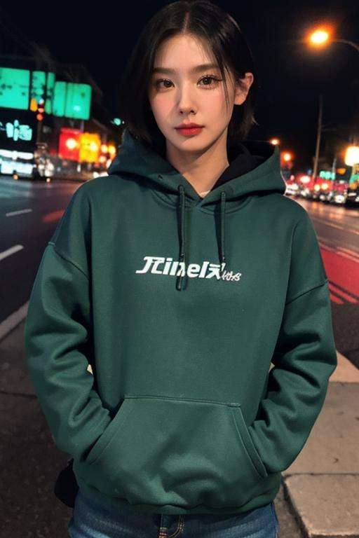 Fujifilm XT3, 8k,close up photo, masterpiece, best quality, (((1girl))), solo,realistic, ((looking at viewer)), photorealistic, (extremely detailed face), looking at viewer, ((ultra-detailed eyes and pupils)), ultra detailed, serious expression, (standing against a city street at night), hoodie, short hair, hands in pocket, <lora:miyeonlorashy:1>