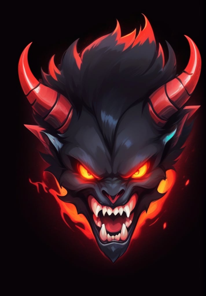 1boy, black background, fangs, glowing, glowing eyes, horns, looking at viewer, male focus, mascot logo, no humans, open mouth, portrait, red eyes, solo, teeth <lora:sdxl_mascot:0.8>