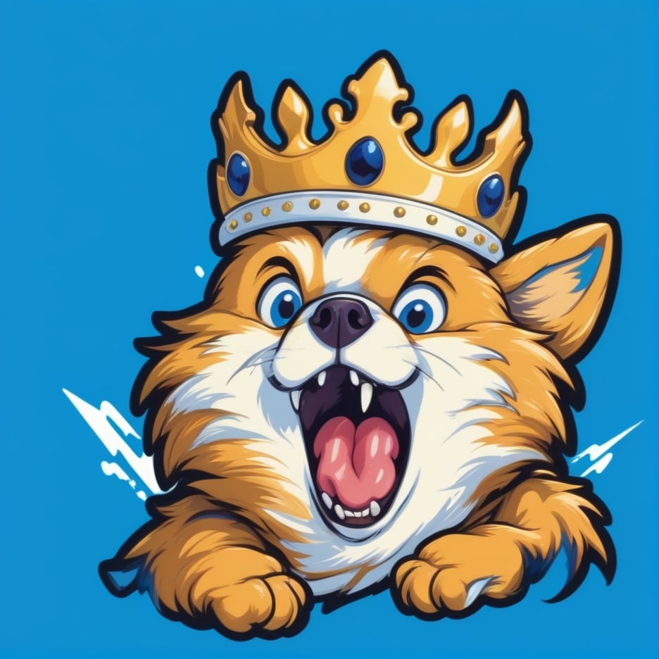 animal focus, blue background, crown, dog, fangs, mascot logo, no humans, open mouth, simple background, solo, teeth, tongue, tongue out<lora:sdxl_mascot:1>