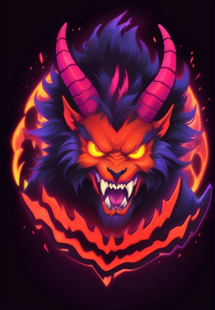 1boy, black background, fangs, glowing, glowing eyes, horns, looking at viewer, mascot logo, no humans, open mouth, solo, teeth <lora:sdxl_mascot:1>