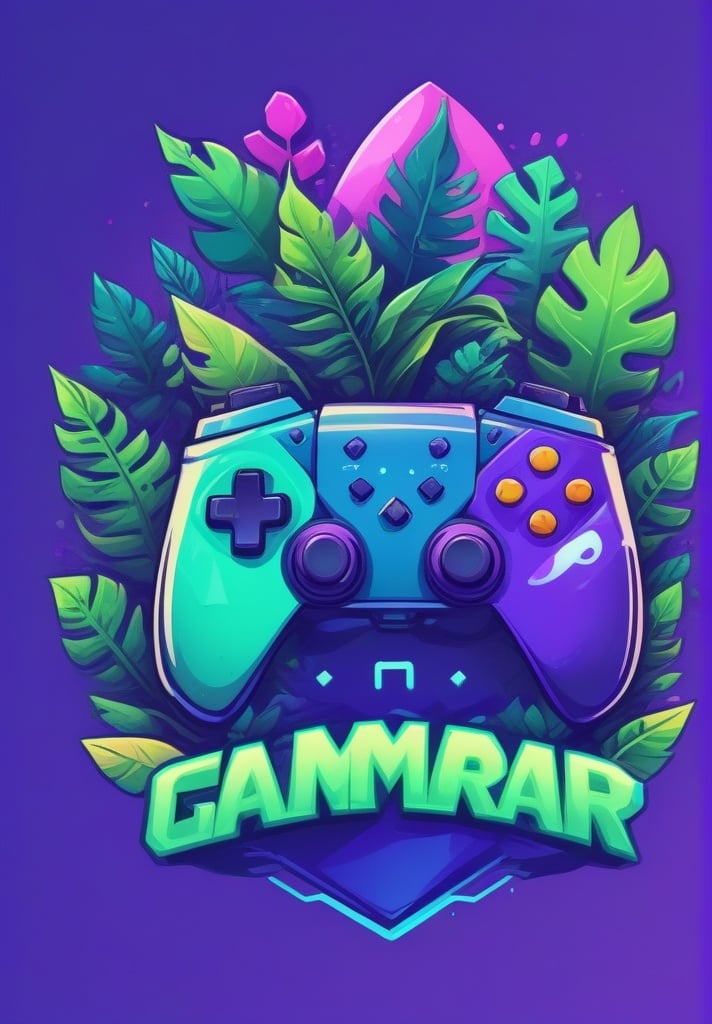 artist name, controller, game console, game controller, gamepad, holding controller, leaf, mascot logo, no humans, plant, purple background <lora:sdxl_mascot:1>