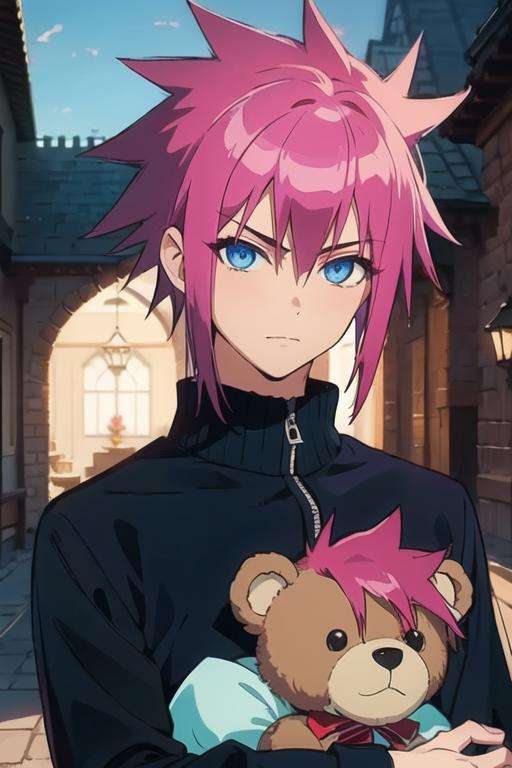 masterpiece, best quality, photorealistic, 1boy, solo, male focus, looking at viewer, , , <lora:shimon_ikaruga:0.64>, shimon_ikaruga, blue eyes, pink hair, spiked hair, teddy bear costume, The Castle of Shadows,