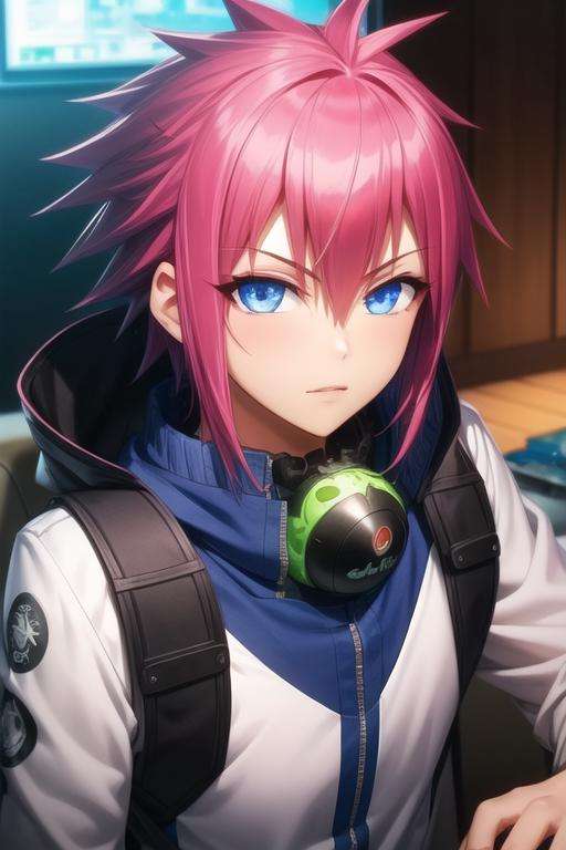 masterpiece, best quality, game cg, 1boy, solo, male focus, looking at viewer, upper body, depth of field, <lora:shimon_ikaruga:0.66>, shimon_ikaruga, blue eyes, pink hair, spiked hair, , science fiction social science fiction, 8k resolution