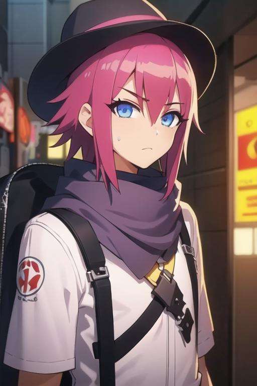 masterpiece, best quality, game cg, 1boy, solo, male focus, looking at viewer, , depth of field, <lora:shimon_ikaruga:0.70>, shimon_ikaruga, blue eyes, pink hair, spiked hair, , panama hat, cyberpunk, 8k resolution