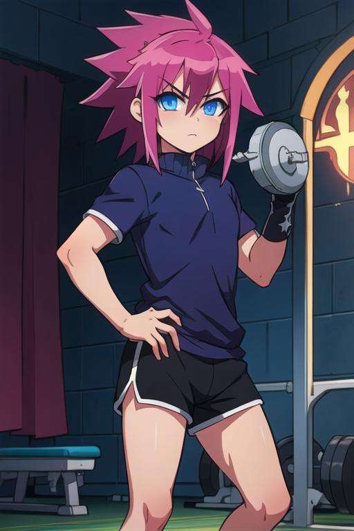 masterpiece, best quality, game cg, 1boy, solo, male focus, looking at viewer, , , <lora:shimon_ikaruga:0.70>, shimon_ikaruga, blue eyes, pink hair, spiked hair, gym shorts, , A dark, foreboding castle where a wicked queen reigns, HD-DVD