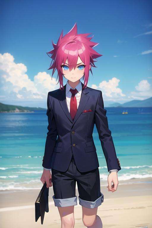 masterpiece, best quality, illustration, 1boy, solo, male focus, looking at viewer, , , <lora:shimon_ikaruga:0.64>, shimon_ikaruga, blue eyes, pink hair, spiked hair, suit shorts, , time travel,