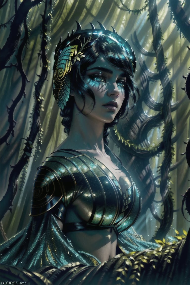 cinematic still, filmed by Guillermo del Toro, Amidst a deep dark forest, an enigmatic being appears--an amalgamation of flora and fauna, with vines for hair, eyes gleaming like embers, and skin adorned with iridescent scales 