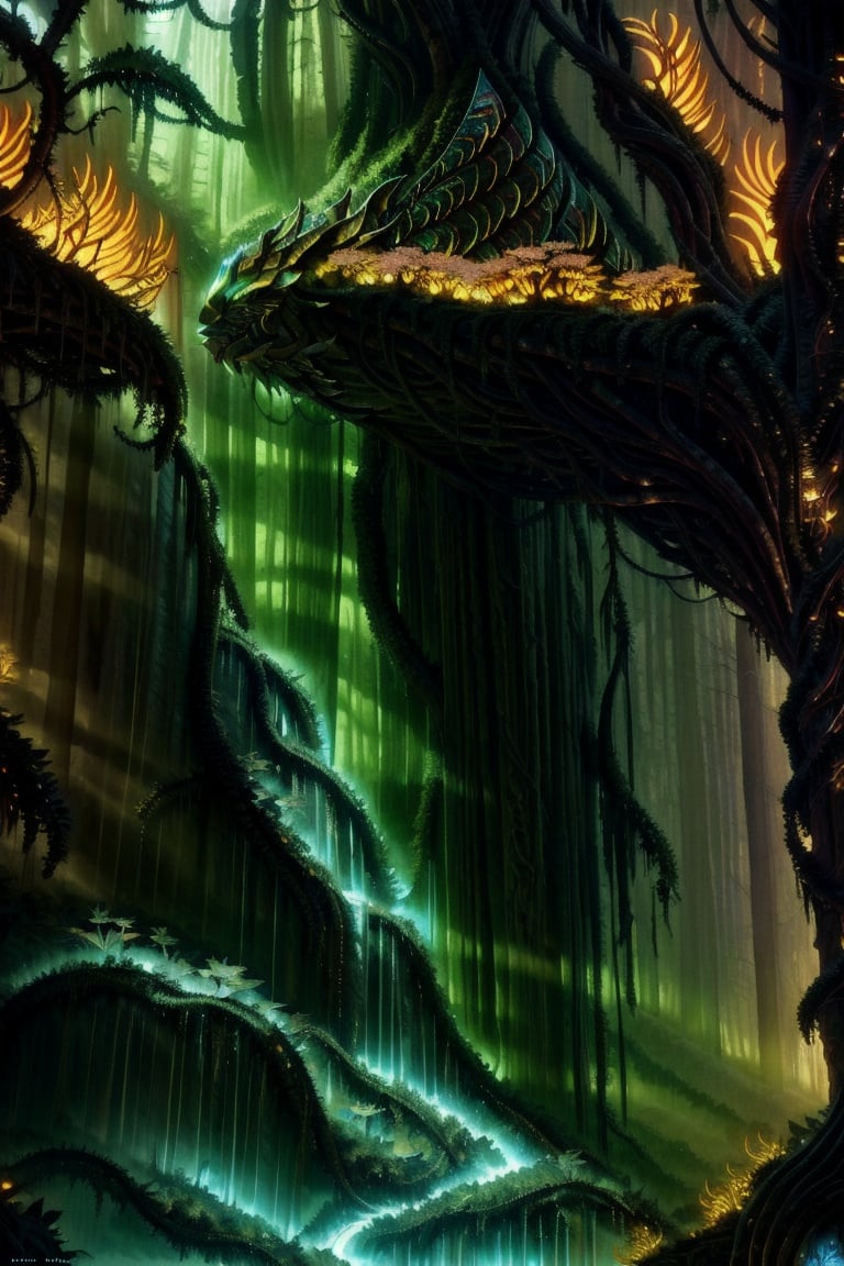 cinematic still, filmed by Guillermo del Toro, Amidst a deep dark forest, an enigmatic being appears--an amalgamation of flora and fauna, with vines for hair, eyes gleaming like embers, and skin adorned with iridescent scales 