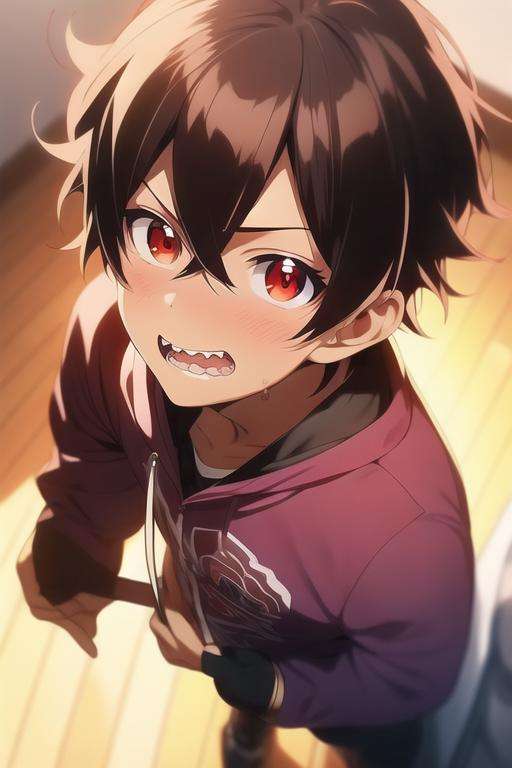 masterpiece, best quality, game cg, 1boy, solo, male focus, looking at viewer, , depth of field, <lora:rokuro_enmadou:0.68>, rokuro_enmadou, brown hair, red eyes, teeth, , ,