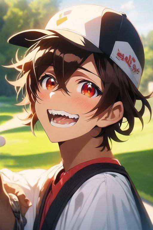 masterpiece, best quality, illustration, 1boy, solo, male focus, looking at viewer, upper body, , <lora:rokuro_enmadou:0.74>, rokuro_enmadou, brown hair, red eyes, teeth, , golf cap, science fiction hard science fiction, 2k resolution