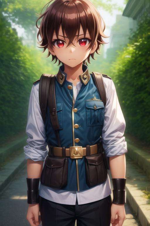 masterpiece, best quality, , 1boy, solo, male focus, looking at viewer, , depth of field, <lora:rokuro_enmadou:0.72>, rokuro_enmadou, brown hair, red eyes, , , world war 2, Blu-ray