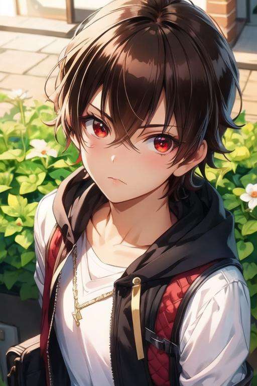 masterpiece, best quality, illustration, 1boy, solo, male focus, looking at viewer, upper body, depth of field, <lora:rokuro_enmadou:0.74>, rokuro_enmadou, brown hair, red eyes, , , ,