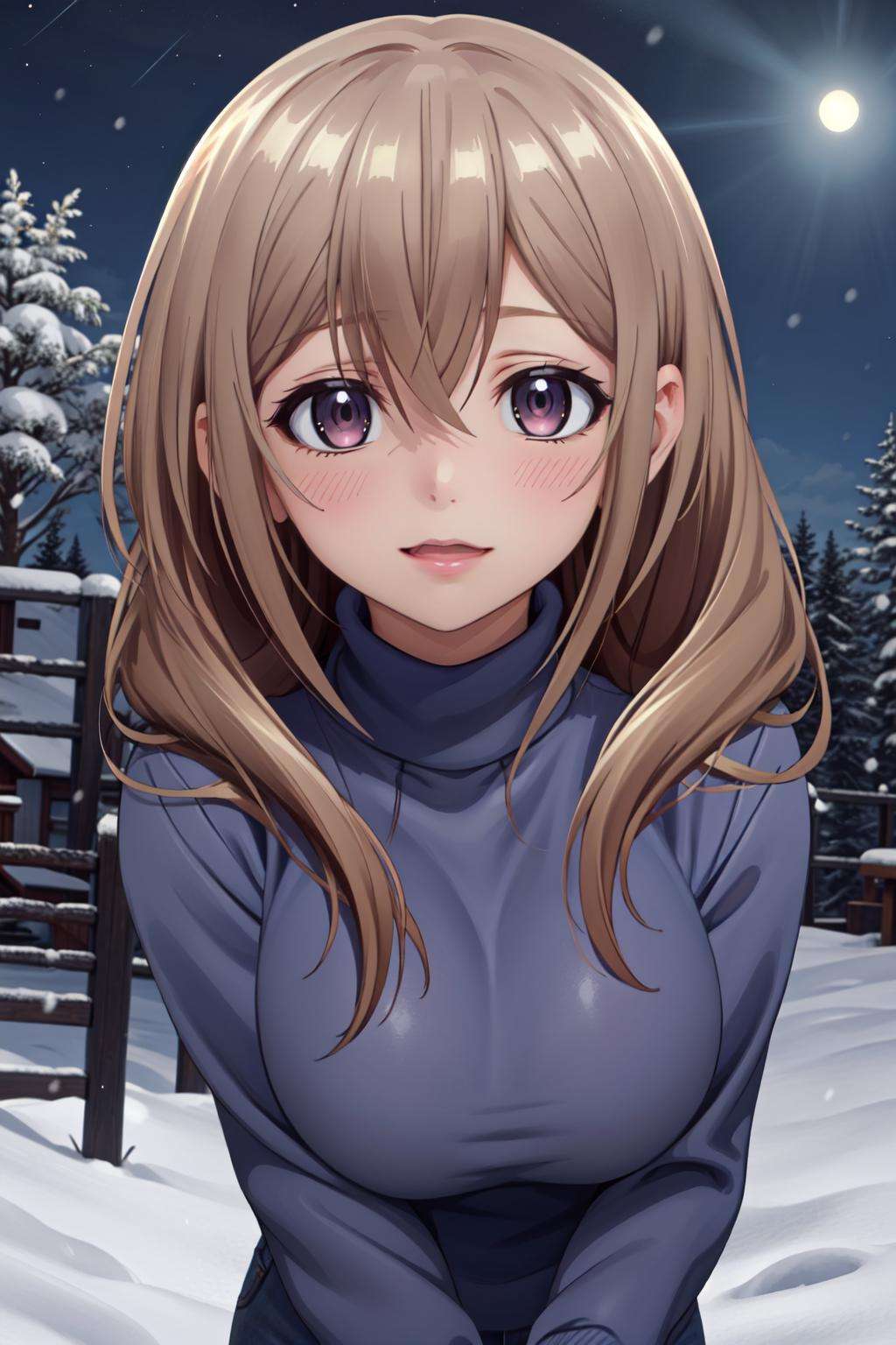 1girl, (masterpiece:1.3), (high resolution), (8K), (extremely detailed), (4k), (pixiv), perfect face, nice eyes and face, (best quality), (super detailed), detailed face and eyes, textured skin, (solo),  shiorywz, light brown hair, long hair, purple eyes, large breasts, <lora:shiori_katase-10:0.7>, standing, outdoors, sweater, night, snow, 