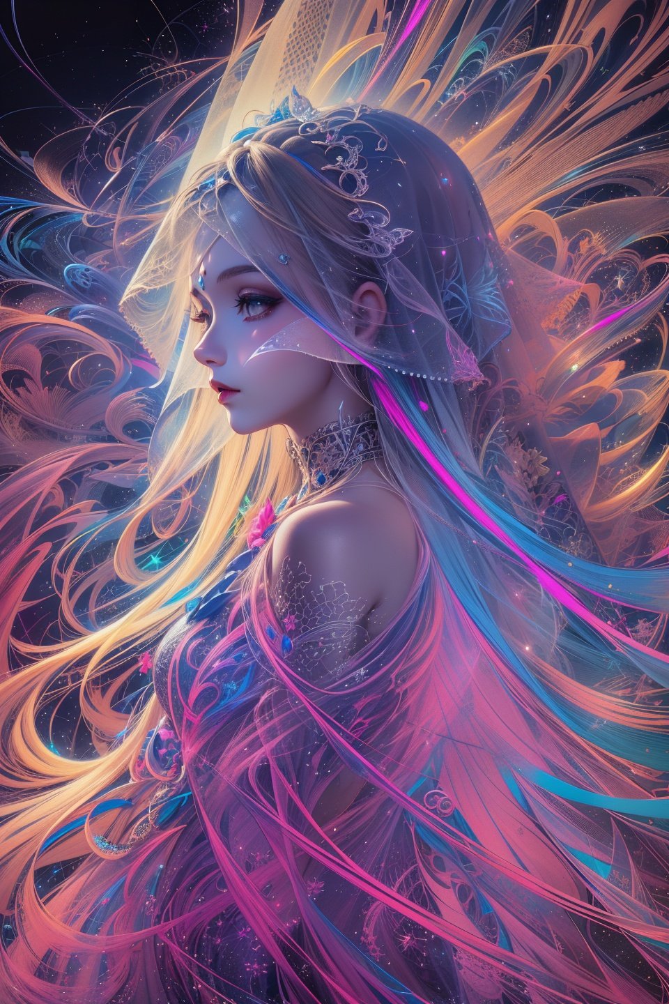 (masterpiece, top quality, best quality, official art, beautiful and aesthetic:1.2), (1girl:1.3), extremely detailed,(fractal art:1.2),colorful,highest detailed,(zentangle:1.2), (dynamic pose), (abstract background:1.5), (treditional dress:1.2), (shiny skin), (many colors:1.4)1girl,realistic style with fantasy elements,high-definition,realistic blue and light black,charming realistic characters,shiny skin,Surrealism,detailed clothing<lora:lishirenveil:1:lbw=1,0.9,0.9,0.9,0.5,0.5,0.5,0.3,0,0,0.3,0.5,0.5,0.5,0.5,0.2,0.2>,(((veil,colorful veil,Veil with light particle effect,glowing,dress))),