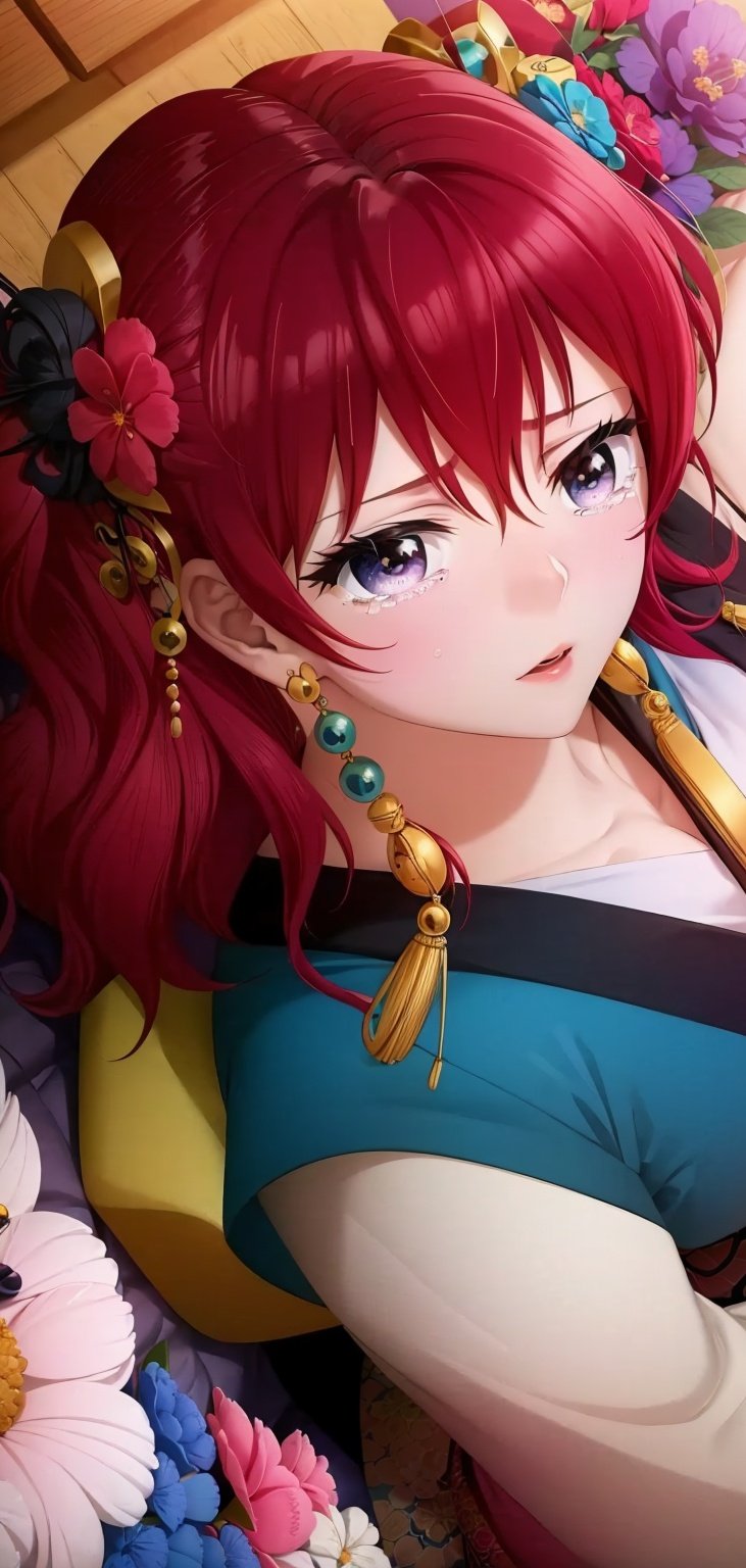 <lora:YONA1:0.8>, (Masterpiece, Best Quality:1.3), (thick lineart), (faux traditional media), highres, official art, best illustration, (8k resolution), ((yona1)), oiran, 1girl, mature female, solo, tanling ruqun, banbi, (from above:1.3), cowboy shot, long hair, hair stick, tassel hair  ornament, gold trim, breasts, obi, stylish, intricate, fantastic, fairytale, fantasy art, (detailed face), (lying on a bed of flowers, on back:1.2), (lovely eyes, looking at viewer, lipstick), sobbing, tearing up, <lora:OiranV3:0.4>, depth of field, silhouette, perfect, makeup, lovely, (details:1.2), camellia, various colors, vivid, colorful, shiny, sky, stars, lumen global illumination, (background in the style of Hokusai Katsushika:1.3), water, ripples , [bokeh], red and pink theme, ((sunset:1.1)